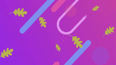 Animation-Von-Blättern,-Kreisen-Und-Röhren-Auf-Violettem-Hintergrund