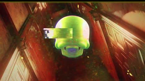 Animation-of-skull-and-glitch-over-scary-narrow-corridor