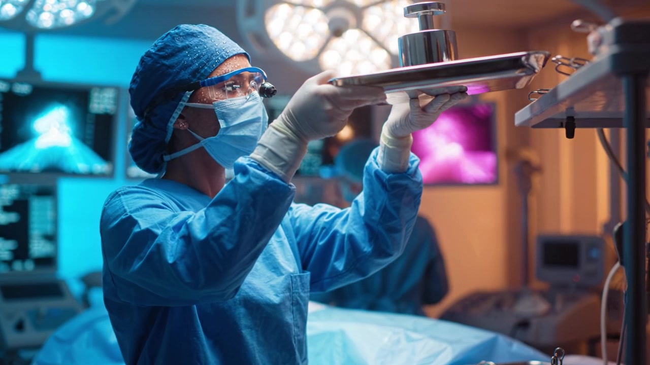 Medical professionals in surgical attire prepare instruments in a high-tech operating room, highlighting the importance of precision and teamwork in healthcare, surgery.