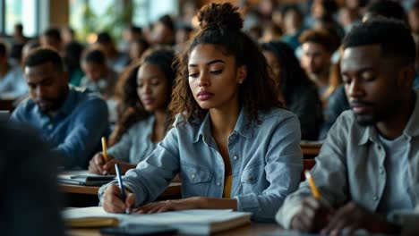 students taking notes during a lecture in a classroom