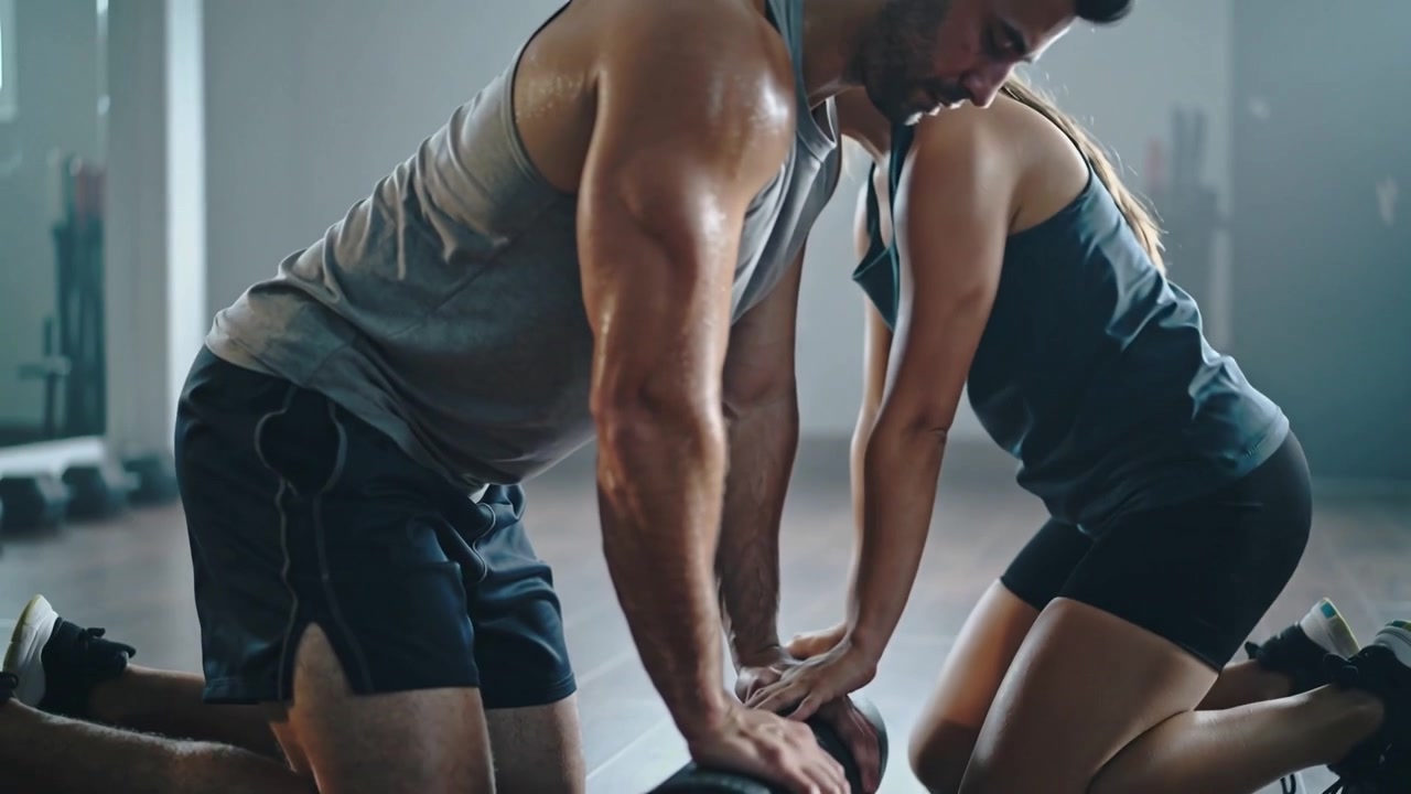 Placing hands on foam roller, pair guiding assisted stretch on gym floor, wearing tanks and shorts
