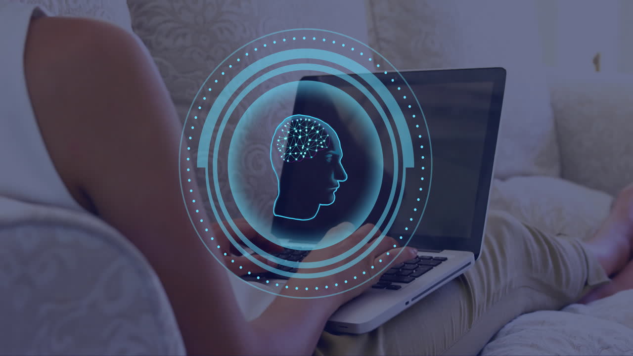 animación del cerebro y procesamiento de datos de ia sobre mujer caucásica usando computadora