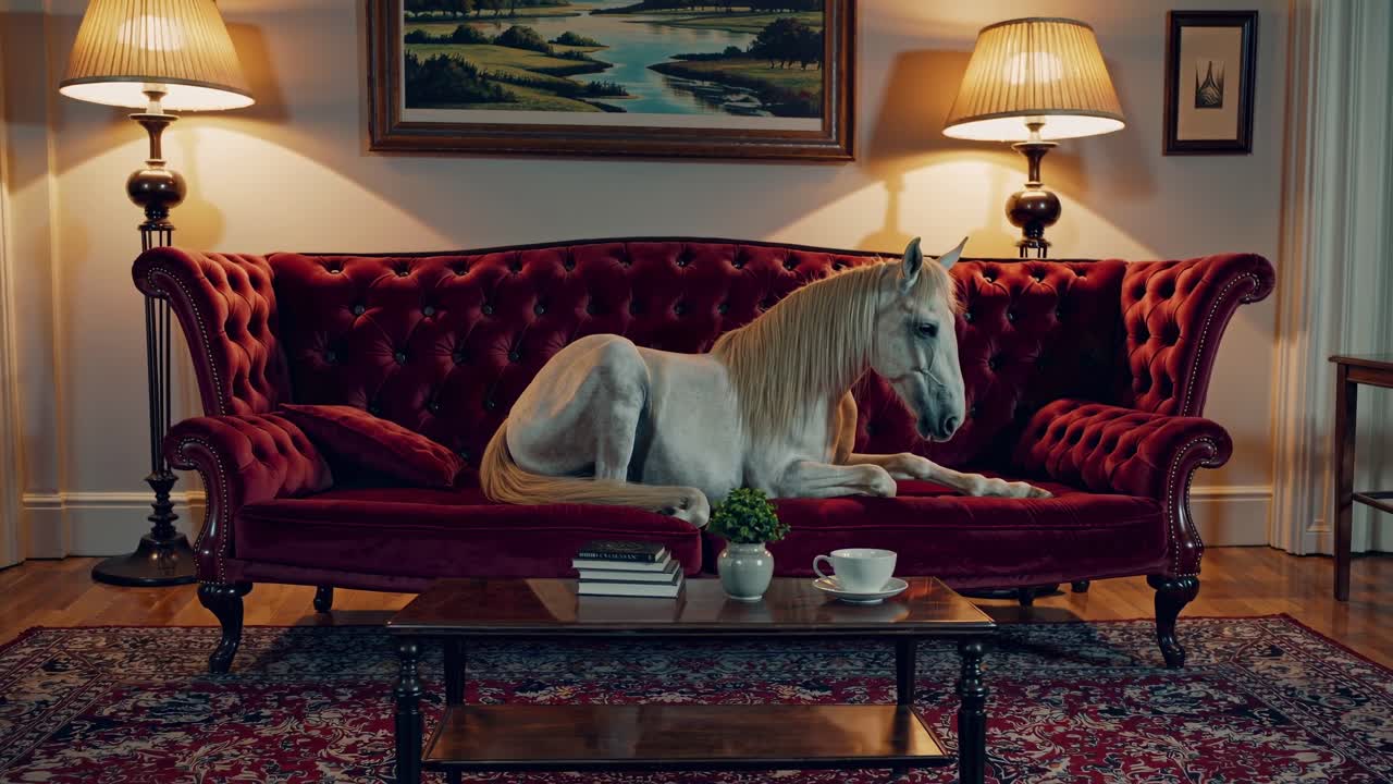 White horse is lying on a luxurious burgundy velvet sofa in a traditionally decorated living room, illuminated by warm lamps, creating a surreal and whimsical scene