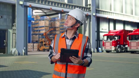 asian male engineer with safety helmet looking at the tablet in his hand and looking around while standing , outside of logistics distributions warehouse
