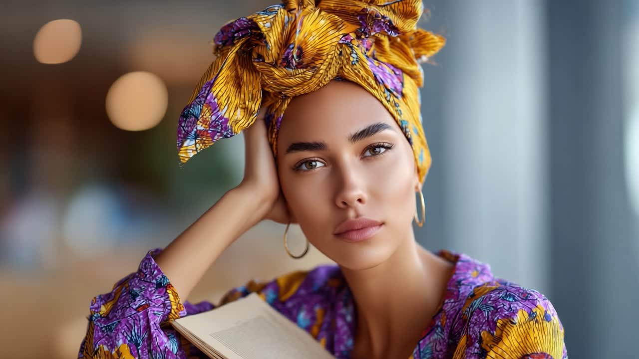 Un retrato cautivador de una joven reflexiva con un vibrante atuendo de estampado africano, mirando soñadoramente mientras sostiene un libro en un ambiente acogedor