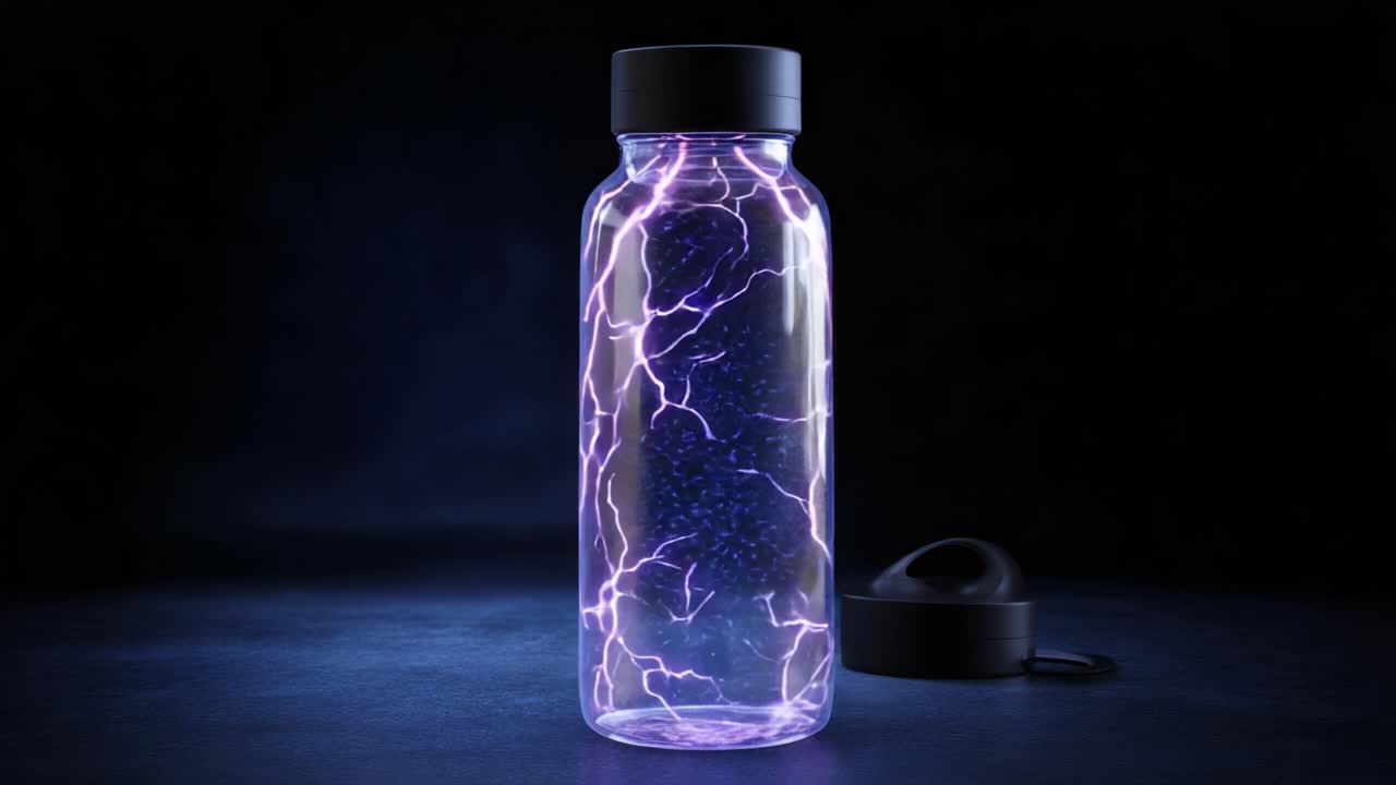 A stunning visual of a transparent bottle illuminated with purple lightning, showcasing dynamic energy and creativity, set against a dark background that emphasizes its unique design