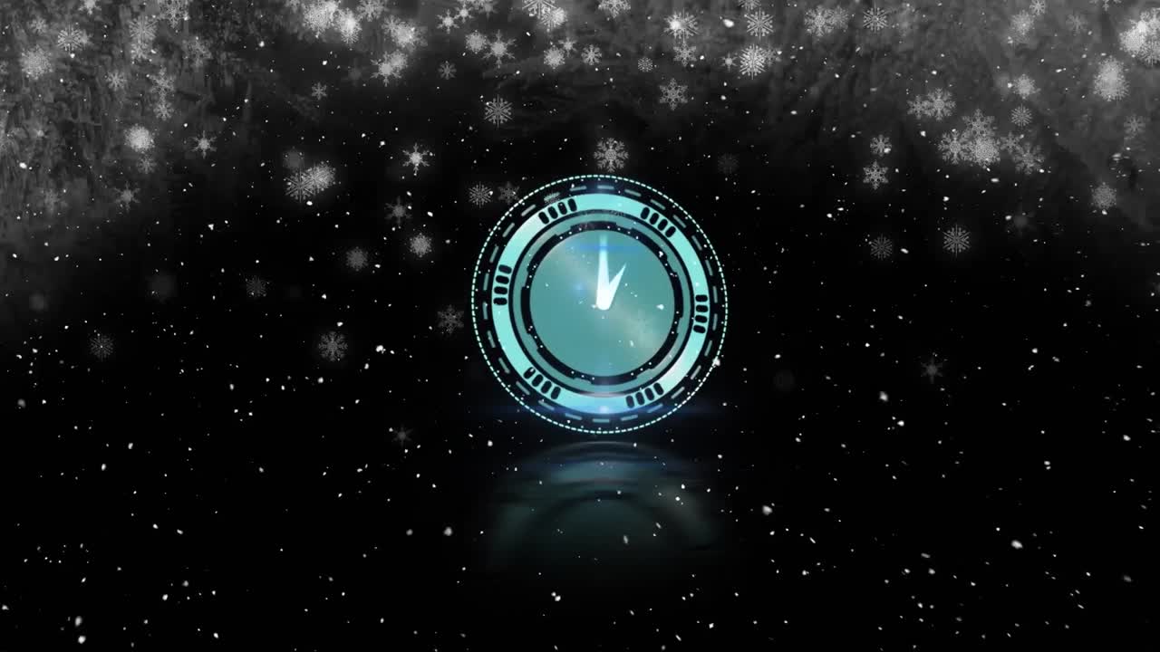 Snow falling over neon digital clock ticking over snowflakes floating against black background