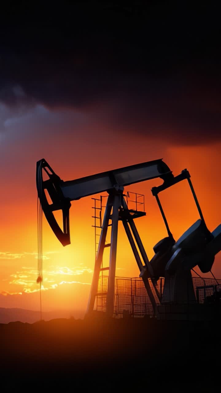 Silhouette al tramonto di una pompa di estrazione petrolifera contro un cielo drammatico, che cattura l'essenza dell'estrazione di energia e il paesaggio industriale al crepuscolo e all'alba