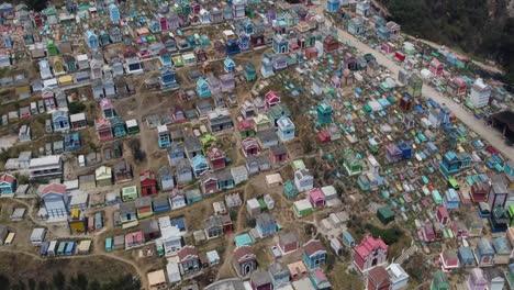 Flyover:-Rows-of-colourful-mausoleum-crypts-in-Guatemalan-cemetery