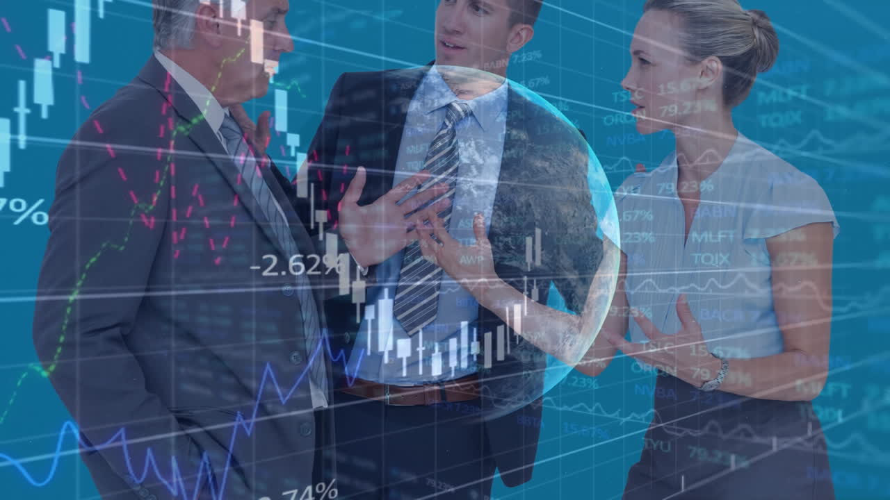 Animação de processamento de dados financeiros sobre um grupo diverso de pessoas de negócios
