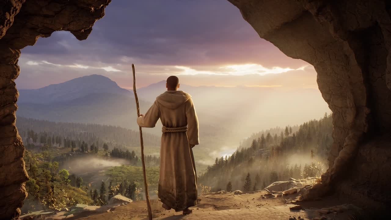 Una scena video cinematografica di un monaco all'ingresso di una grotta, che si affaccia su un paesaggio all'alba.