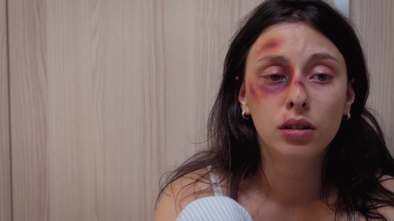 una mujer golpeada temblando de miedo.