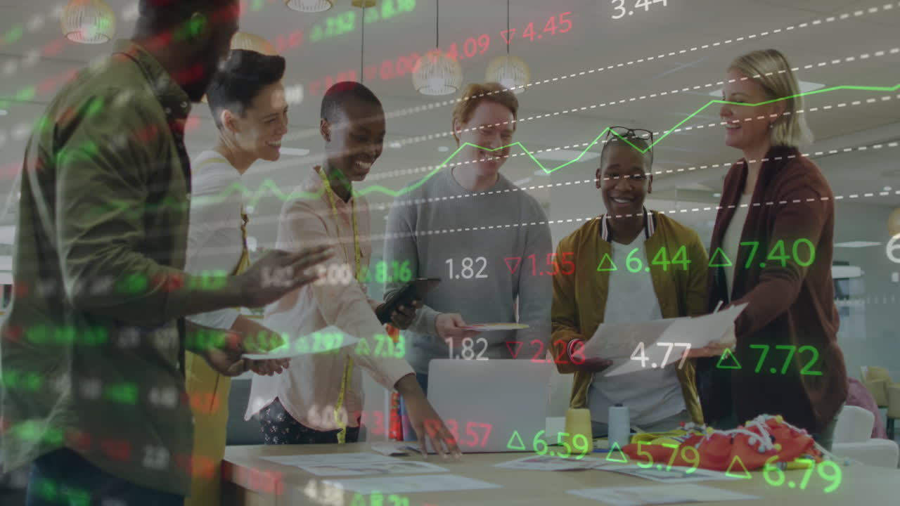 Animation of stock market data processing against diverse colleagues discussing together at office