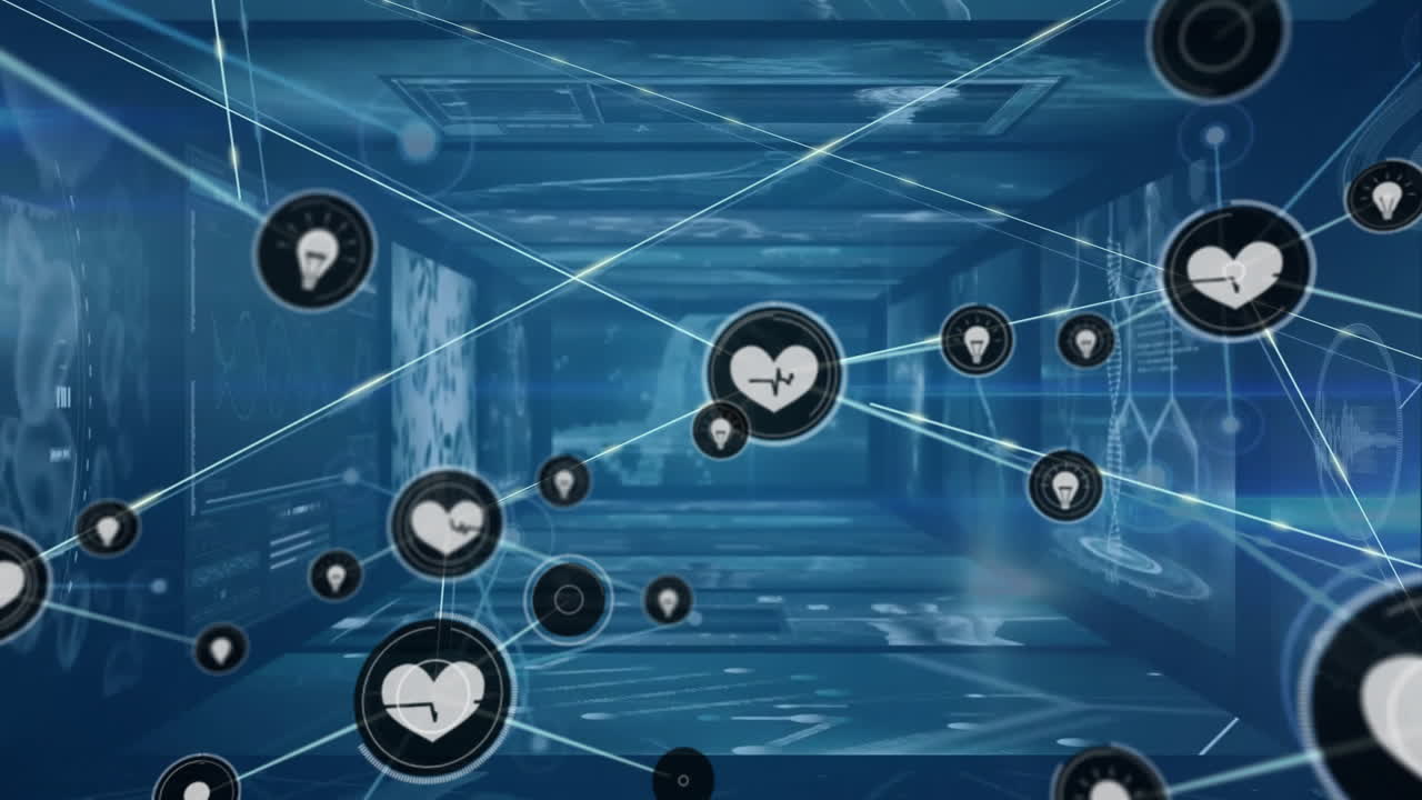 터널에서 여러 의료 인터페이스를 통해 연결된 아이콘의 애니메이션