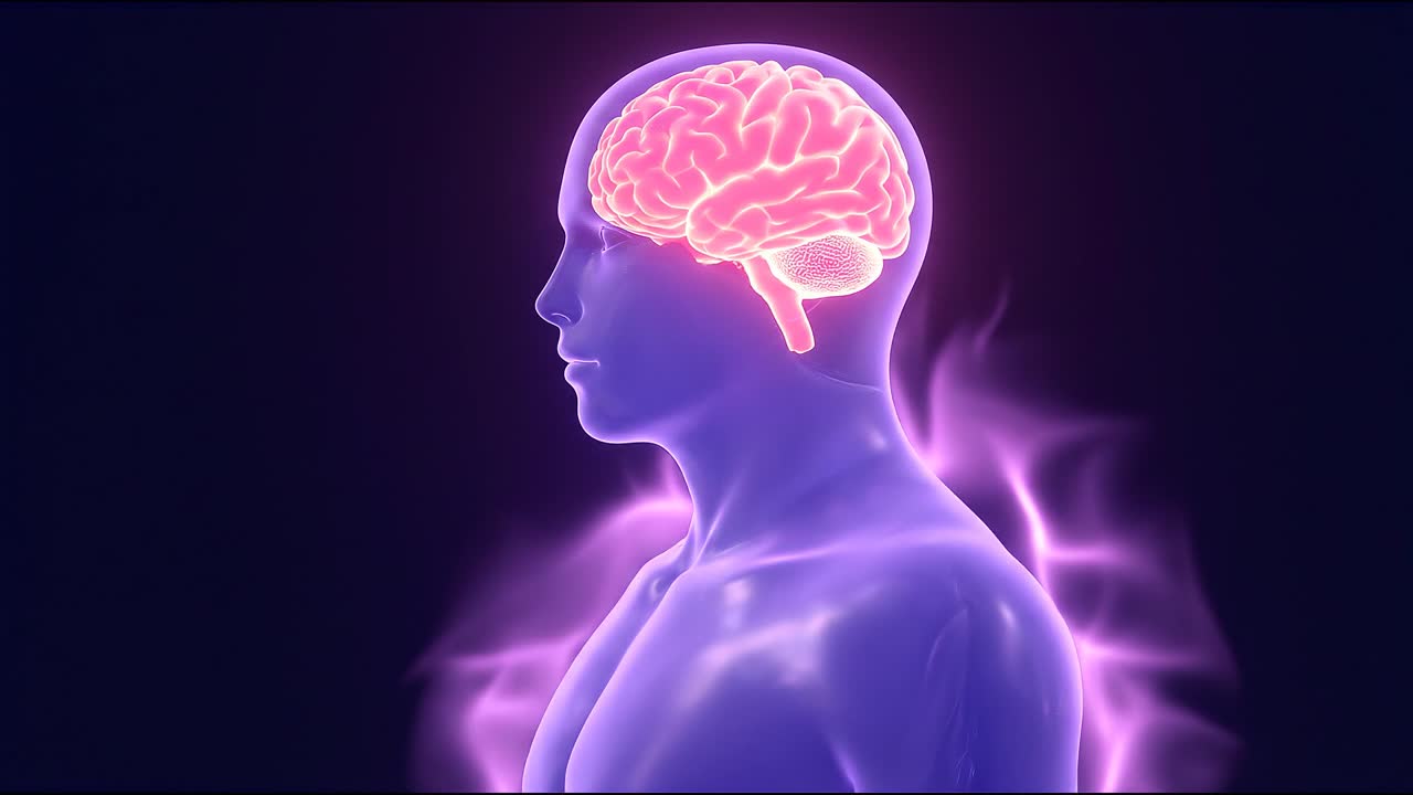 Animazione 3D di cervello umano luminoso all'interno di una sagoma