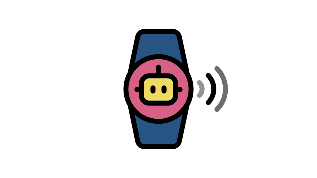 Icona animata di smartwatch con volto di robot lampeggiante e segnale di notifica.