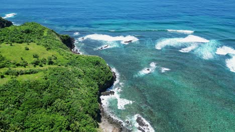 vista de pájaro por encima de la colina de hierba verde rodante con árboles tropicales y olas que se estrellan sobre las rocas