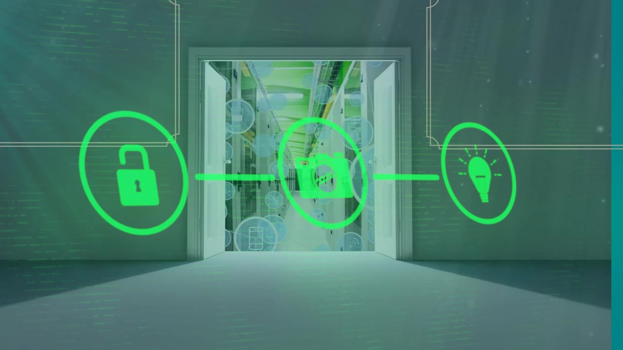 Animation of network of digital icons against opening door of computer server room