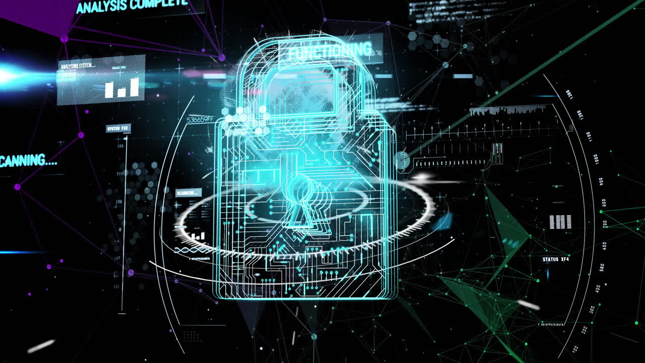 Neon-blue padlock schematic glowing in virtual interface, showing rotating scans and HUD panels