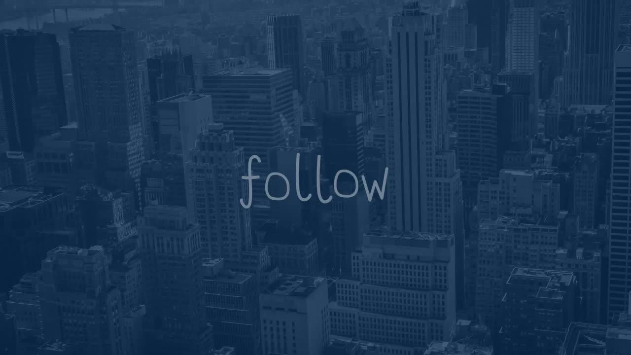 animación de texto de seguimiento y venta en un patrón abstracto sobre edificios modernos en el fondo