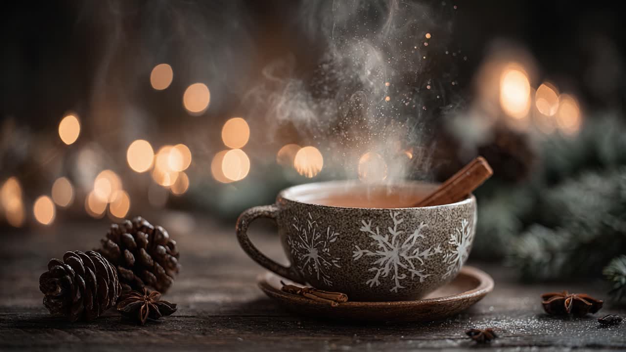 A Cozy Winter Scene Featuring a Warm Cup of Spiced Drink Surrounded by Pinecones and Twinkling Lights, Evoking the Essence of Holiday Festivities