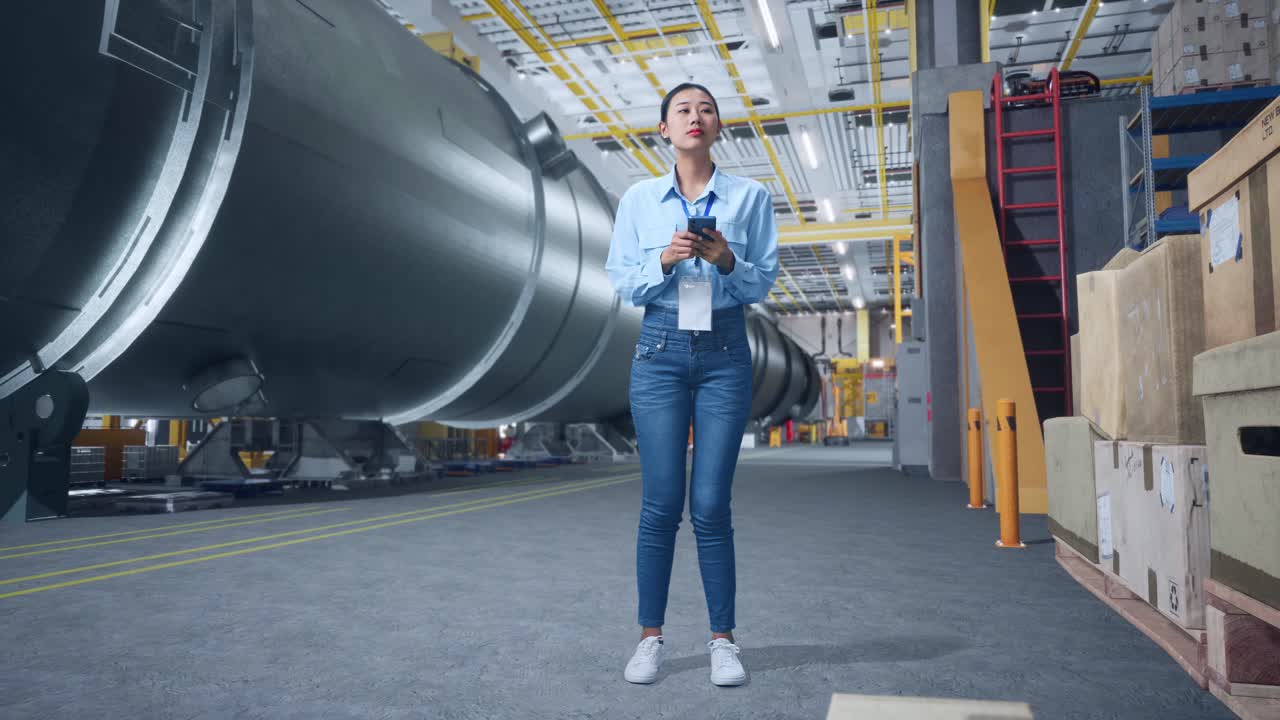 cuerpo lleno de mujer de negocios asiática usando teléfono móvil un mirando a su alrededor en la fábrica de fabricación de tuberías