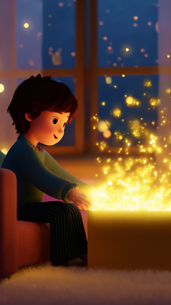 A Young Child's Magical Moment: Captivated by a Glowing Box of Sparkling Light, Sitting Comfortably on a Couch Surrounded by a Warm, Inviting Atmosphere, Filled with Soft Illumination and Wonder