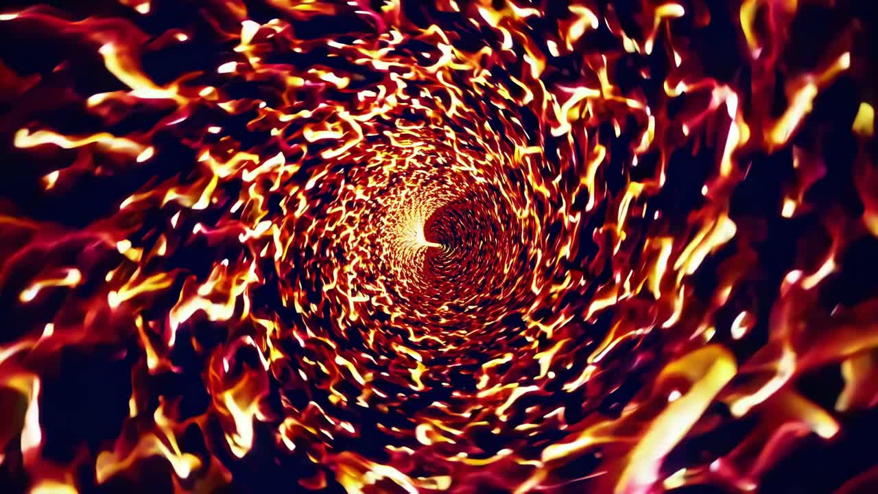 Bright orange and red flames creating a swirling vortex in a dark tunnel, generating a mesmerizing and dramatic visual spectacle, perfect for backgrounds and special effects