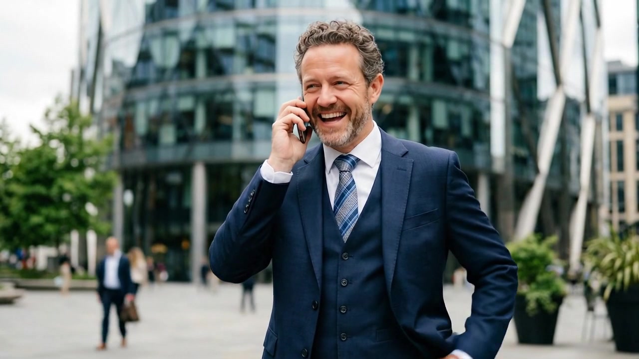 Empresario exitoso hablando por smartphone fuera de un moderno edificio de oficinas