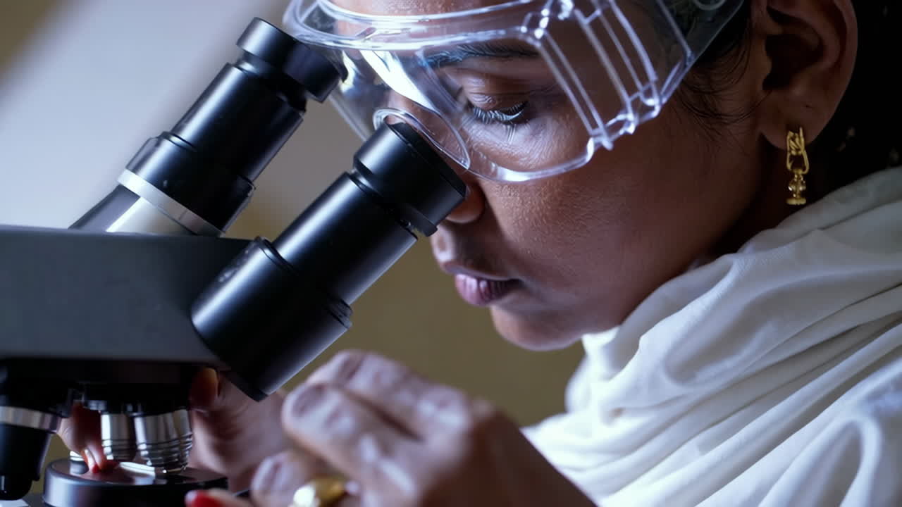 Woman scientist looking through a microscope in a laboratory