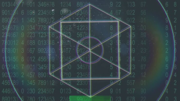 Animation of interference and shapes over data processing on black background
