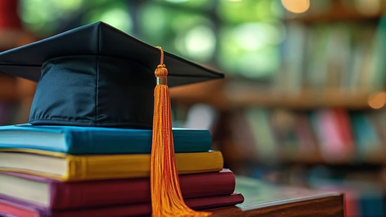 gorra de graduación en una pila de libros
