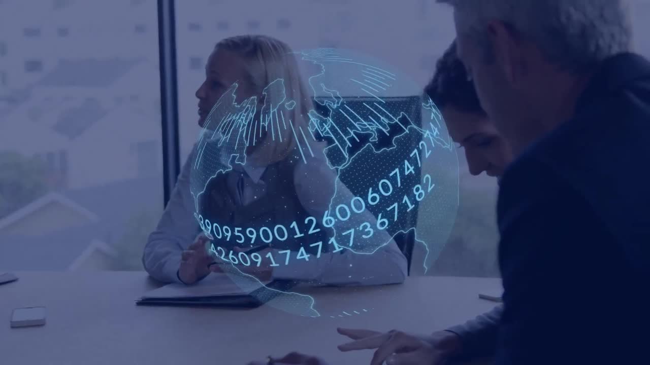 Animation of digital globe with numbers rotating over caucasian coworkers discussing in meeting