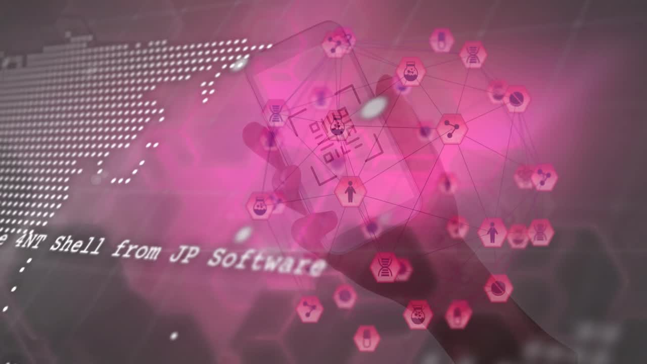 지구의 애니메이션, 연결 및 데이터 처리 분홍색 배경과 스마트 폰으로 손