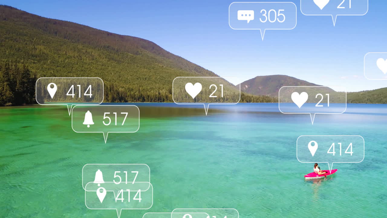 Social media notifications animation over serene lake with kayaker and mountains