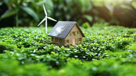 a small house is sitting on top of a hill covered in green grass. the house is surrounded by a lot of plants and trees, giving it a natural and peaceful atmosphere