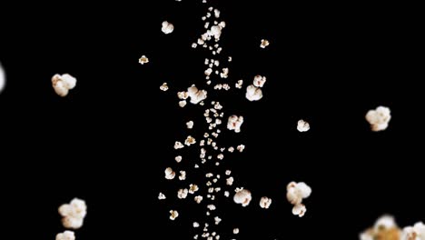 flying many popcorns on black background. white salty popcorn. healthy food. corn seed. 3d loop animation of popcorn rotating.