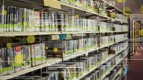 animation of spots and data processing over books on shelves in library