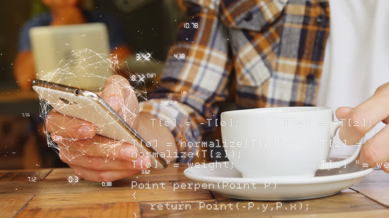 스마트폰을 사용하여 인간에 대한 연결 및 데이터 처리 세계관의 애니메이션