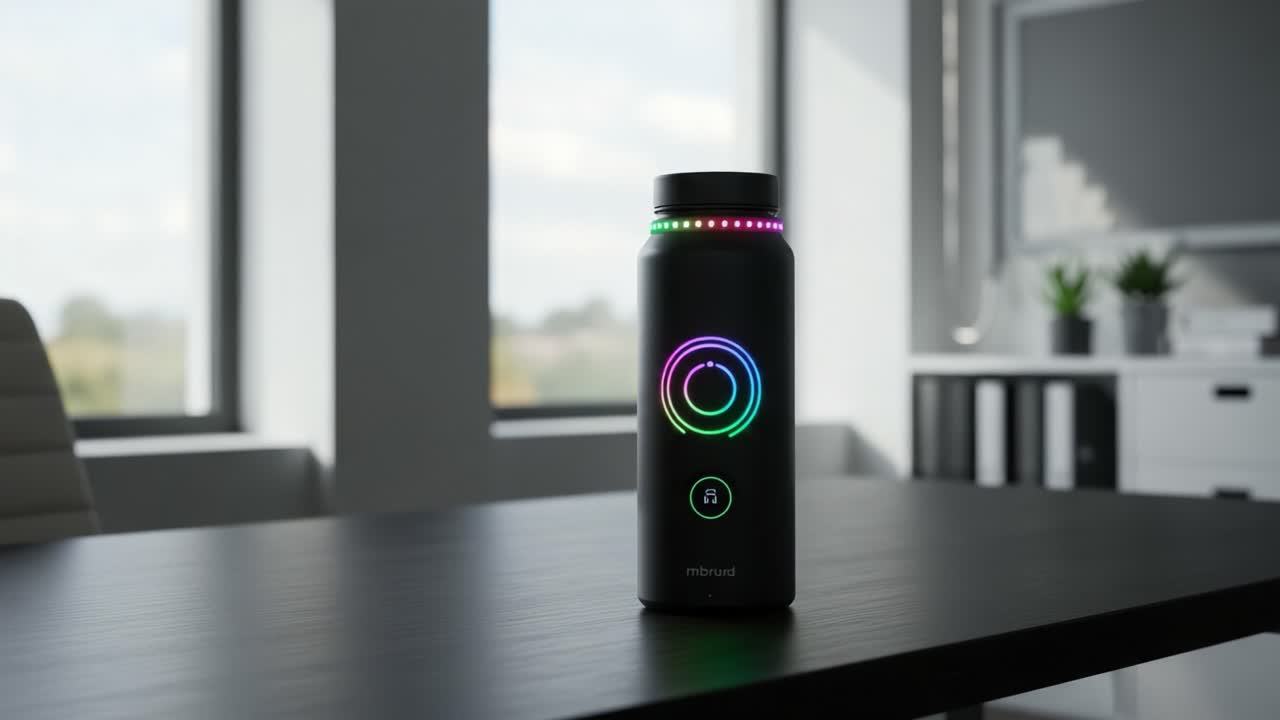 A modern, illuminated water bottle featuring vibrant LED lights, showcasing a sleek design while highlighting its interactive display with colorful indicators in a stylish environment