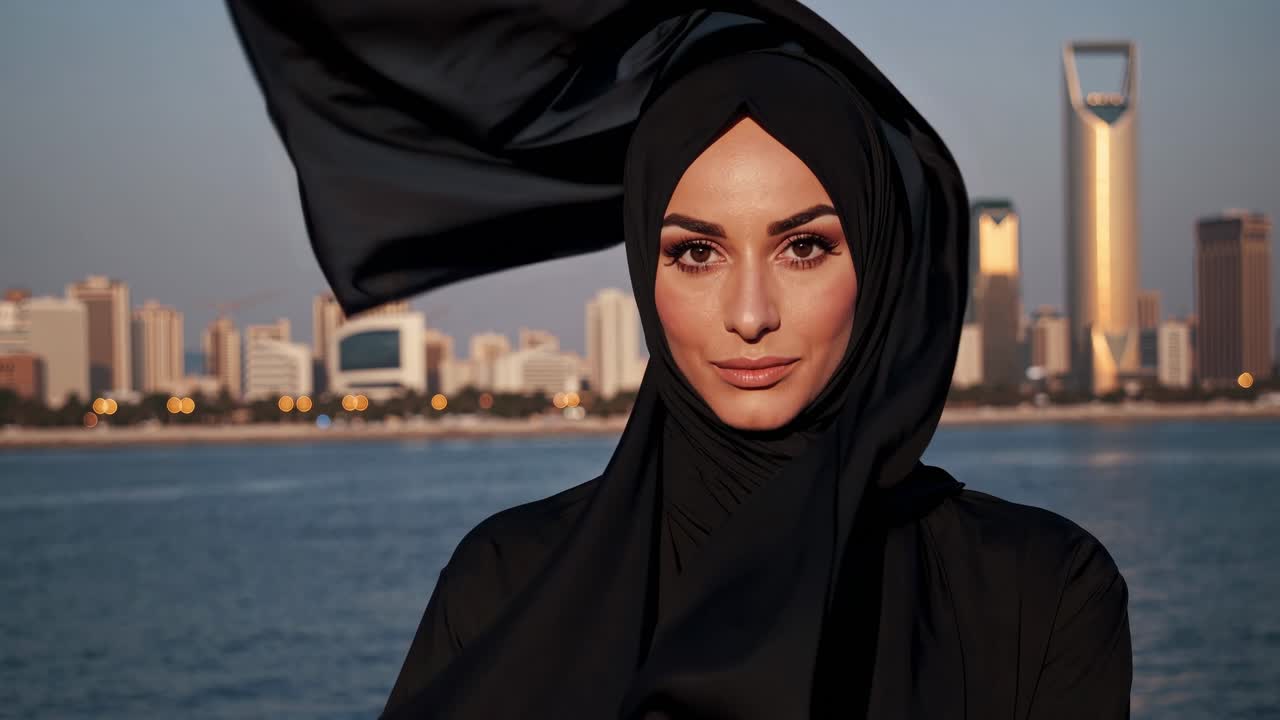 Woman in black hijab gracefully interacts with flowing fabric against a vibrant city skyline, showcasing elegance and cultural beauty in motion