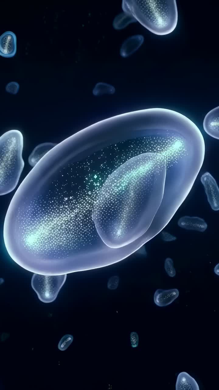 縦型動画：クリアポッドが回転し、暗い青色の空間に光の点を映し出す様子をカメラが後退しながら捉えています。
