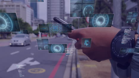 animación de escáneres de escaneo y procesamiento de datos sobre el hombre usando teléfono inteligente.