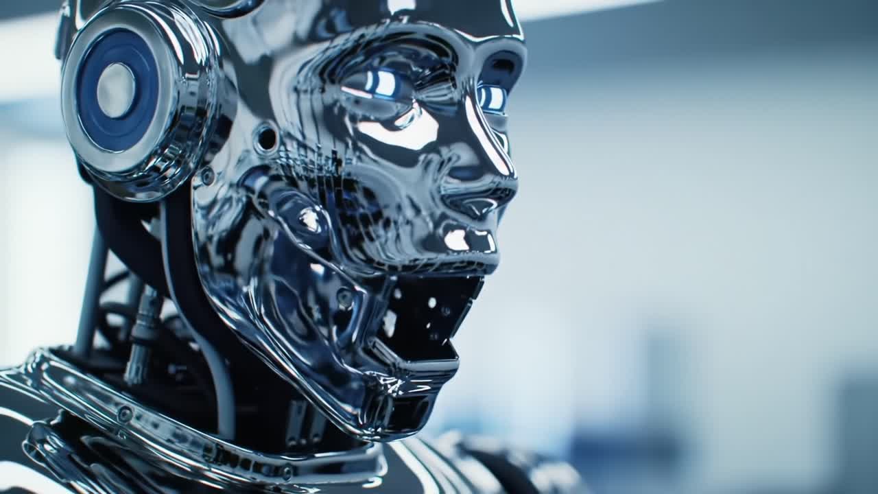 Futuristic Robot Close-Up: A Detailed Examination of a Semi-Human Mechanical Subject with Shiny Metallic Features and Intricate Facial Design