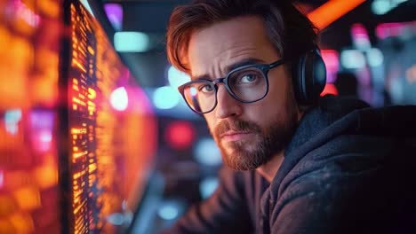 man with glasses and headphones in front of computer screen