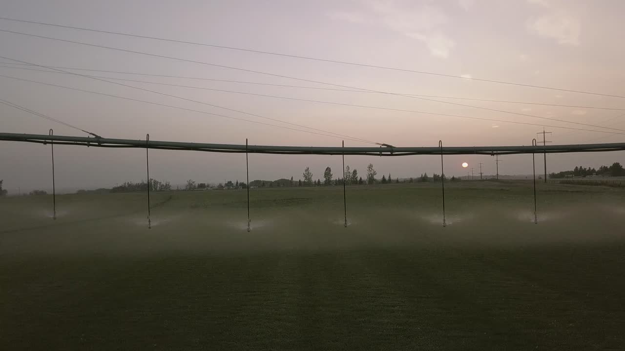 Sun low in sky behind pivot irrigation system watering crop: Aerial