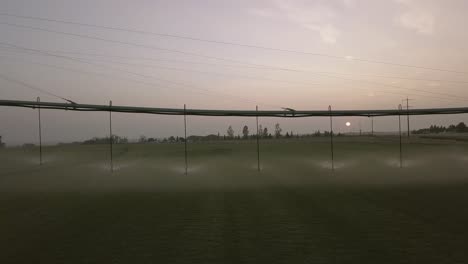 sun low in sky behind pivot irrigation system watering crop: aerial