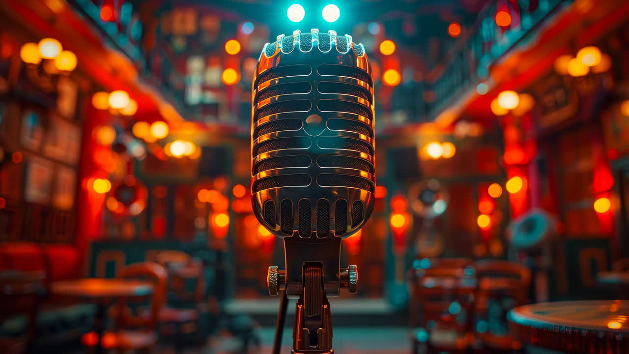 Mic set for lively event. A vintage microphone stands center stage in a vibrant venue, illuminated by warm lights, awaiting the next performance