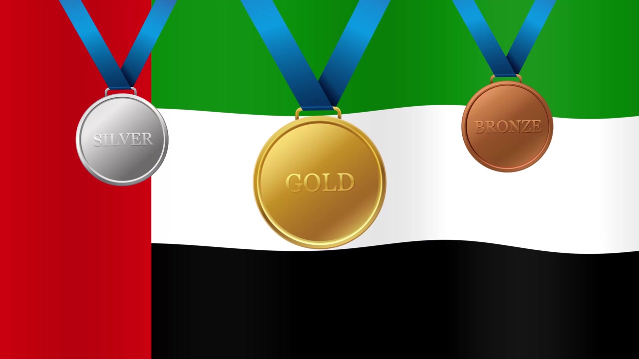 Animoitu Arabiemiirikuntien lippu liehuu kulta-, hopea- ja pronssiurheilumitalien takana nauhoineen.