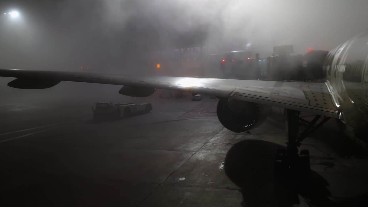 Avión estacionado en el aeropuerto en un día neblinoso y brumoso.